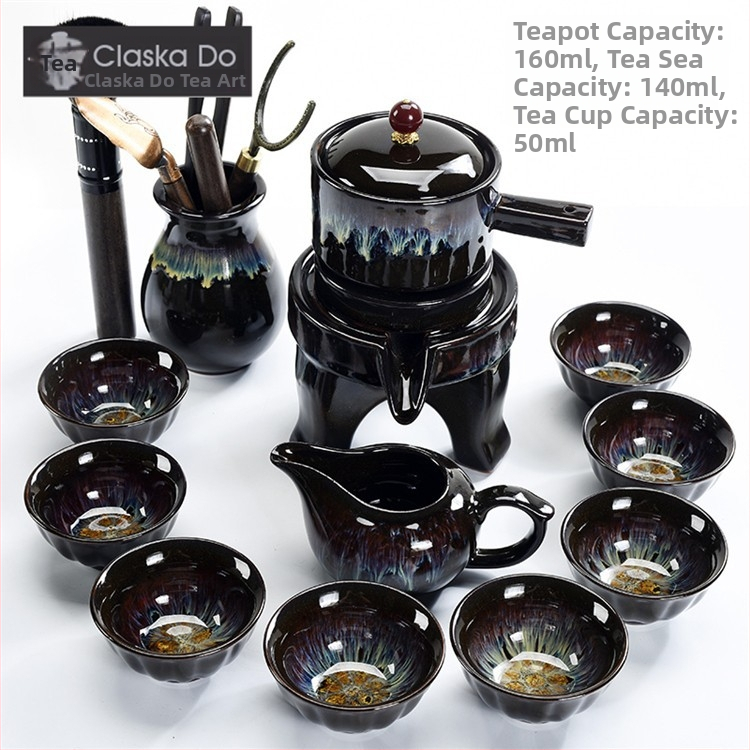 Set ceramic Jian ware pentru ceai cu glazură de cuptor, ceainic Gongfu și cești, pentru birou, cu râșniță din piatră încorporată