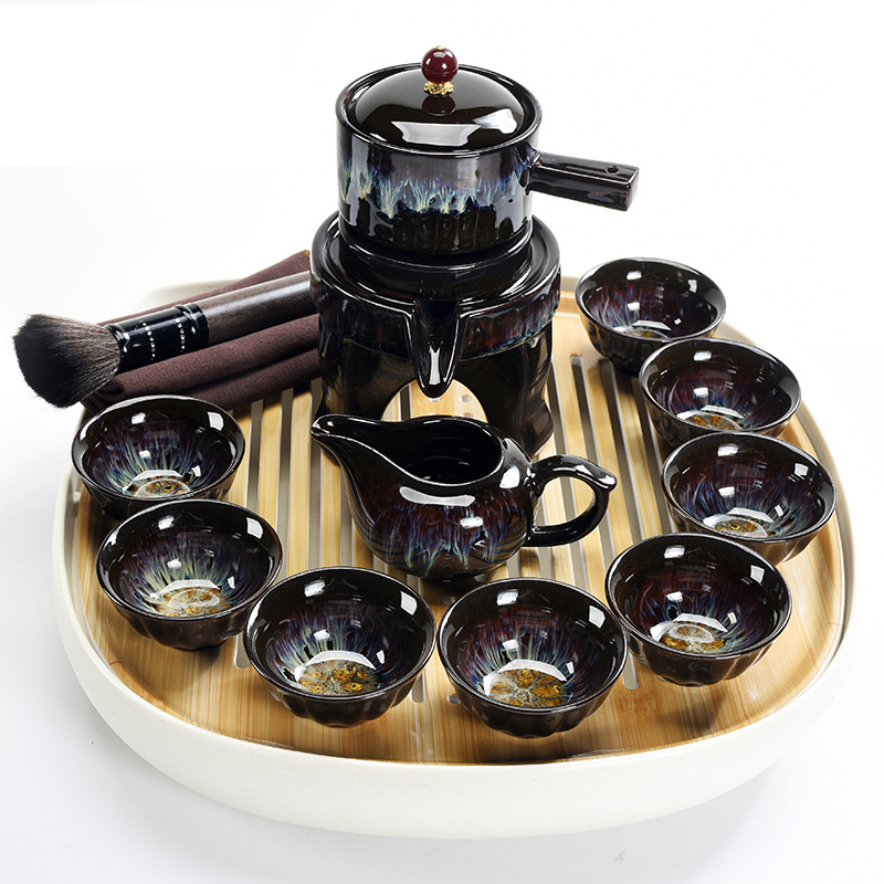 Set ceramic Jian ware pentru ceai cu glazură de cuptor, ceainic Gongfu și cești, pentru birou, cu râșniță din piatră încorporată