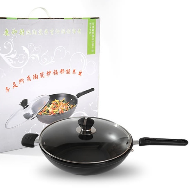 Kang Yuchu wok ceramic și tigaie, fără strat, cu fum redus, ceramică pură, potrivit pentru plită cu gaz