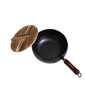 Wok mic din fier cu capac din lemn, rezistent la zgârieturi, neacoperit, tradițional cu bazin lat