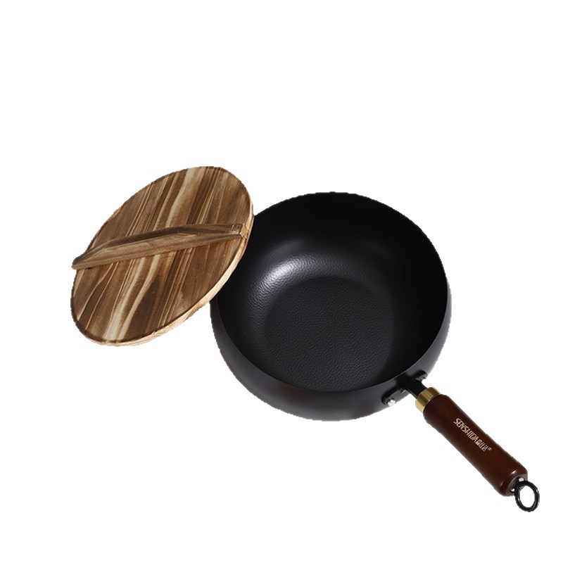 Wok mic din fier cu capac din lemn, rezistent la zgârieturi, neacoperit, tradițional cu bazin lat