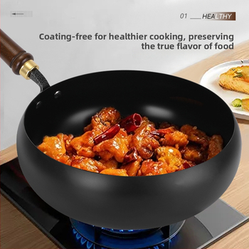 Wok din oțel, lucrat manual, cu bază lată, antiaderent, fără fum, pentru prăjit și fierbere