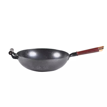 Wok din fier realizat manual, cu fund plat circular, fără strat, antiaderent, pentru uz casnic