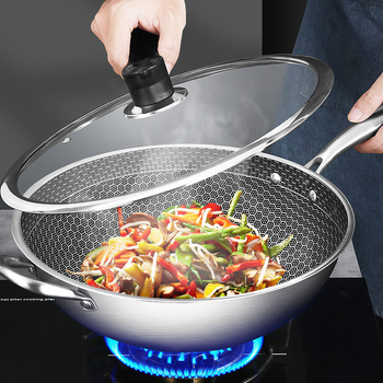 Wok din oțel inoxidabil cu structură fagure, fund plat, fără strat, bază cu mai multe straturi, compatibil cu plitele cu inducție și gaz