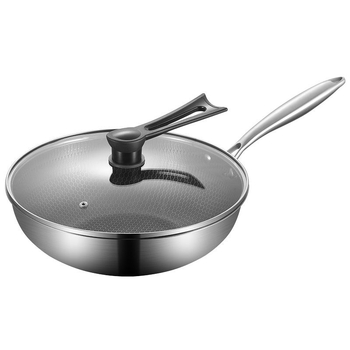 Wok din oțel inoxidabil cu structură fagure, fund plat, fără strat, bază cu mai multe straturi, compatibil cu plitele cu inducție și gaz