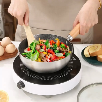Wok din oțel inoxidabil pentru o persoană, cu mâner din lemn, fund plat, antiaderent, compatibil aragaz pe gaz