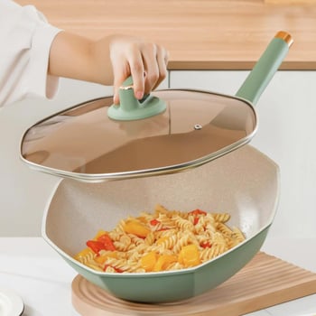 Wok octagonal cu piatră Maifan, antiaderent, compatibil cu plita cu inducție, capacitate mare