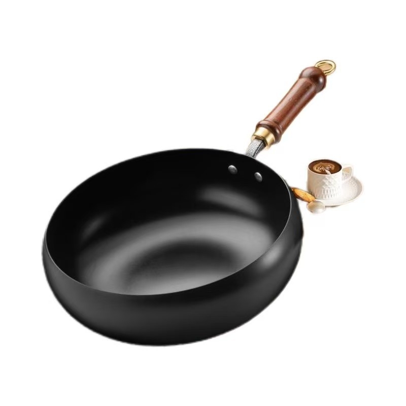 Wok tradițional mare din fontă, lucrat manual, îngroșat și mai adânc, fără acoperire, tigaie pentru prăjit