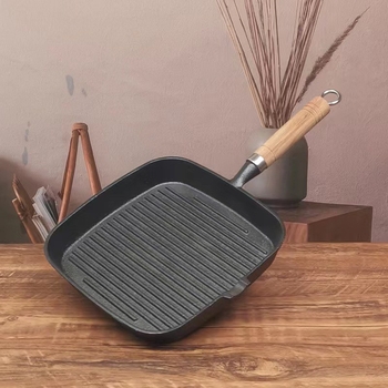 Tigaie din fontă pentru friptură, mâner din lemn, bază plată pătrată, cu nervuri, fără acoperire, gătit sănătos