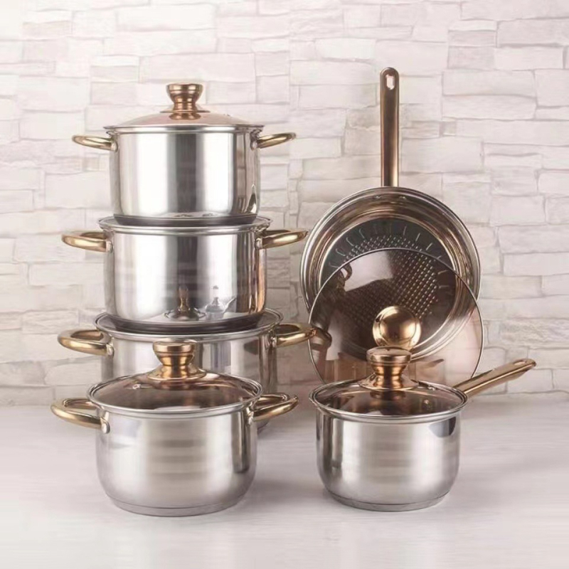 Set de vase din oțel inoxidabil, 12 piese: oale pentru supă, oală pentru lapte, tigăni, cu fund dublu-strat, capace din sticlă, strat antiaderent