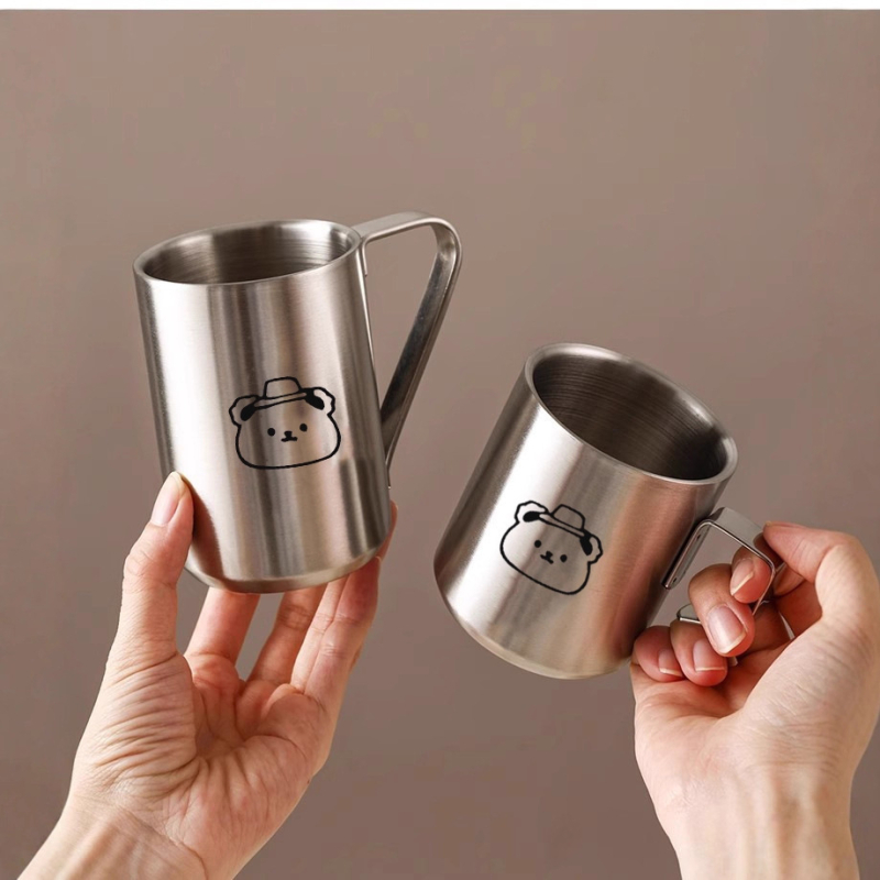 Cană pentru copii din oțel inoxidabil cu pereți dubli și mâner, design cu desen animat, rezistentă la cădere, pentru apă, lapte sau cafea de birou