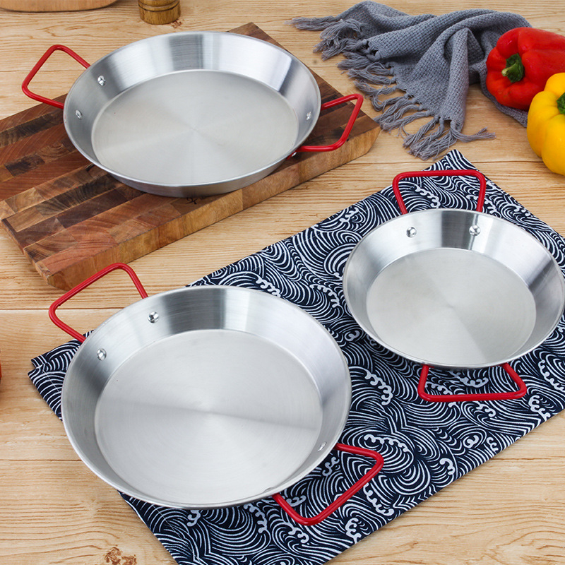Tigan din otel inoxidabil cu doua manere pentru paella, orez cu fructe de mare, prajire, salate si paste — stil coreean, adancime 4 cm