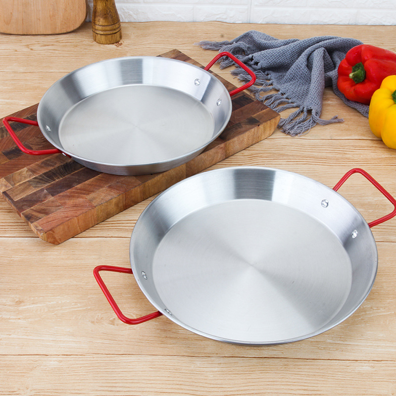 Tigan din otel inoxidabil cu doua manere pentru paella, orez cu fructe de mare, prajire, salate si paste — stil coreean, adancime 4 cm
