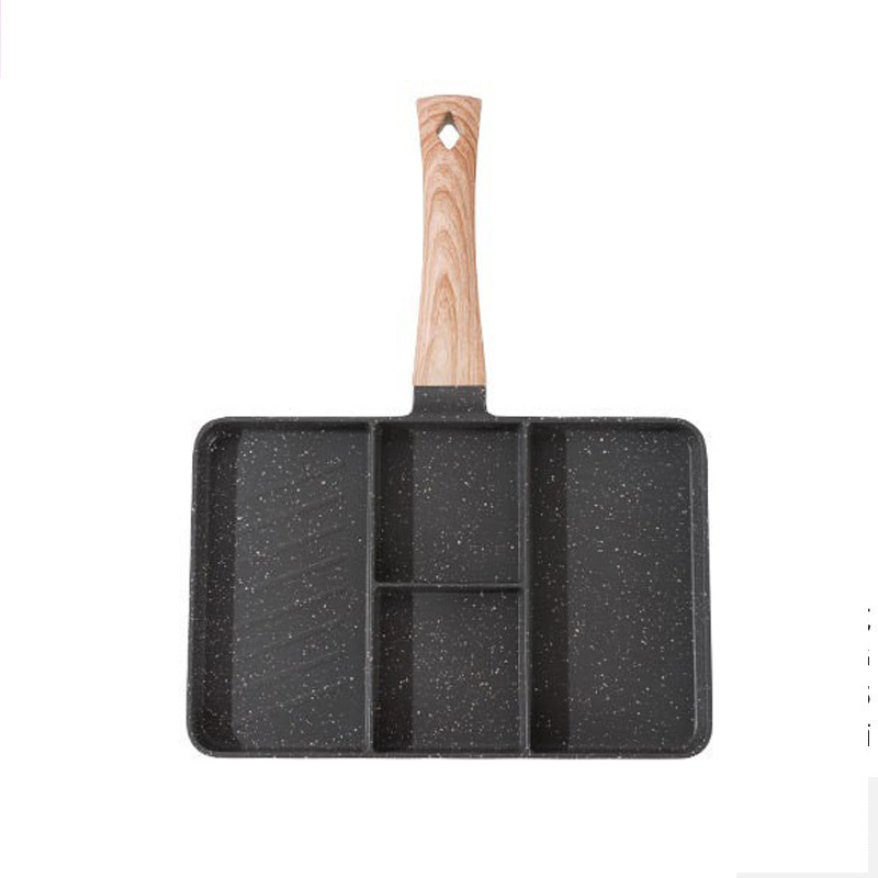 Tigaie pentru mic dejun cu fund plat și compartimente, non-stick, piatră Maifan, pentru ouă și friptură, patru în unu.