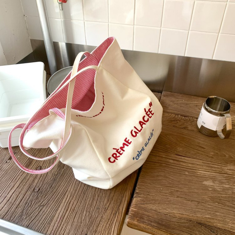Nova platnena torba s izšivenim slovima, dvostruka, ženska torba preko ramena, casual, velika kapaciteta, tote torba za svakodnevnu upotrebu