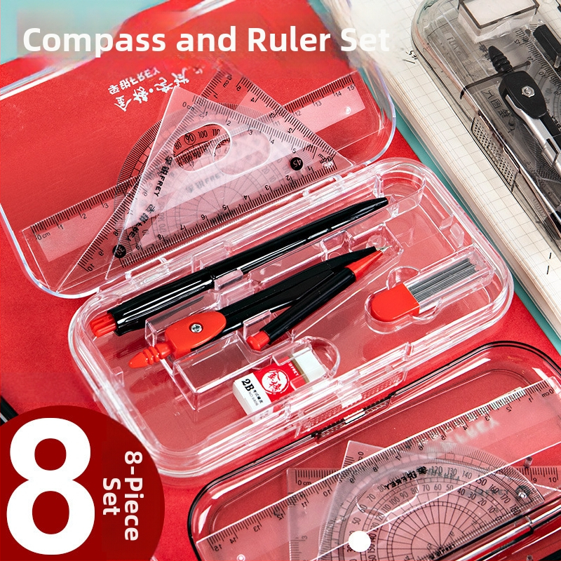 Furui set de 8 piese de rigle și compas pentru elevi — riglă triunghiulară, riglă dreptunghiulară, protractor