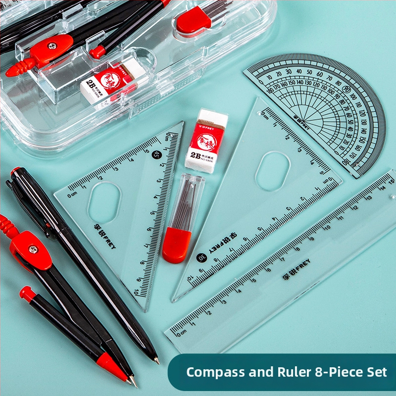 Furui set de 8 piese de rigle și compas pentru elevi — riglă triunghiulară, riglă dreptunghiulară, protractor