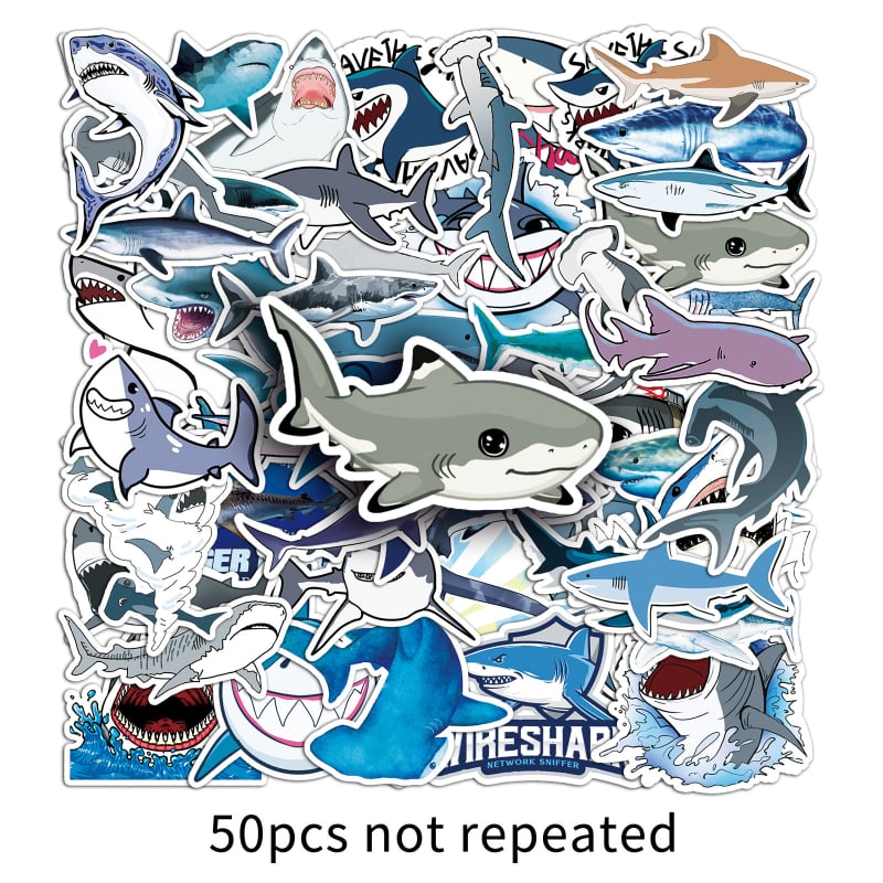 50 de stickere graffiti cu rechini – set DIY cu vietăți marine pentru skateboard, sticlă de apă și bagaje