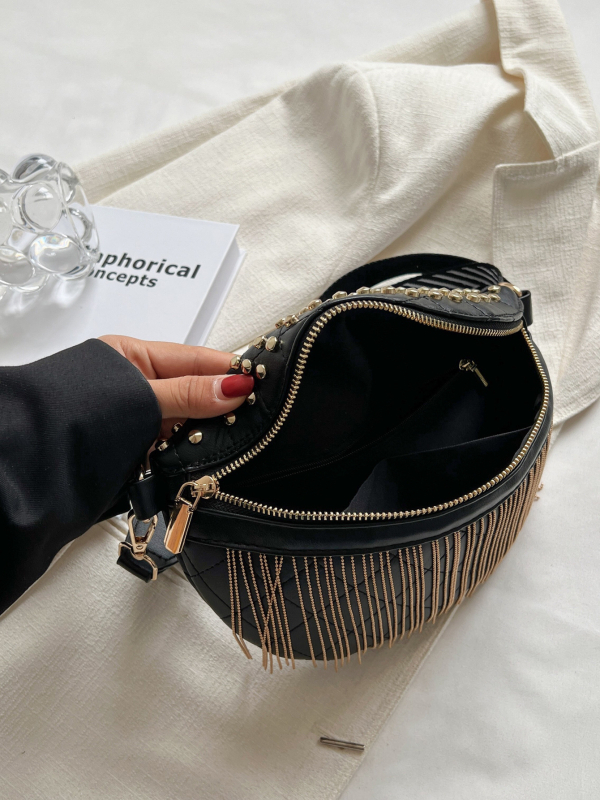 Ženska PU crossbody torba sa širokom remenom, metalnim ekama i resama