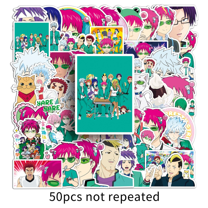 Autocolante The Disastrous Life of Saiki K. – 50 autocolante impermeabile pentru sticle de apă, bagaje, laptopuri și agende