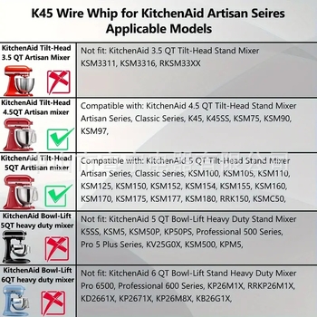 K45WW Tel de amestec pentru KitchenAid, compatibil cu mixer staționar de 4.5 Qt, oțel inoxidabil