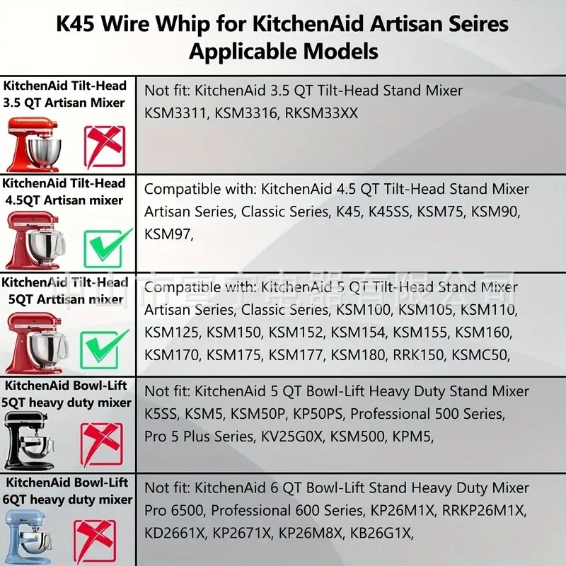 K45WW Tel de amestec pentru KitchenAid, compatibil cu mixer staționar de 4.5 Qt, oțel inoxidabil