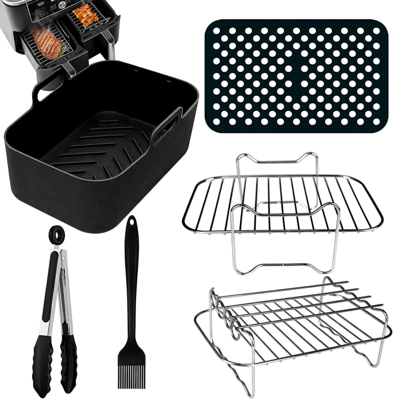 Accesorii pentru friteuză cu aer, 6 cupe din hârtie pentru ulei, grilă dreptunghiulară pentru grătar, pentru friteuze cu două tăvi