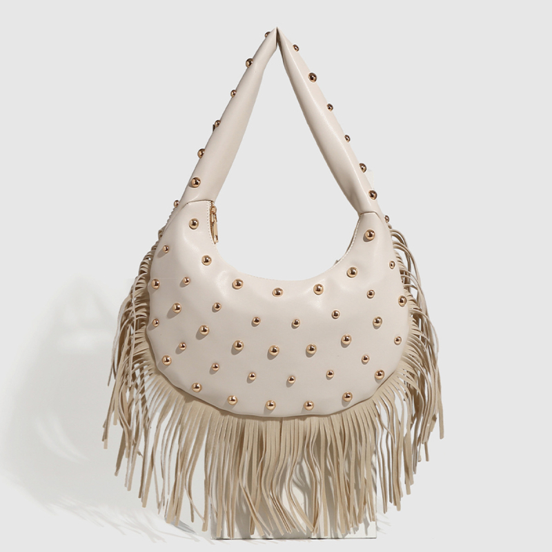 Ženska torba u obliku dumplinga s resicama i rivetima, jednostavna torba preko ramena