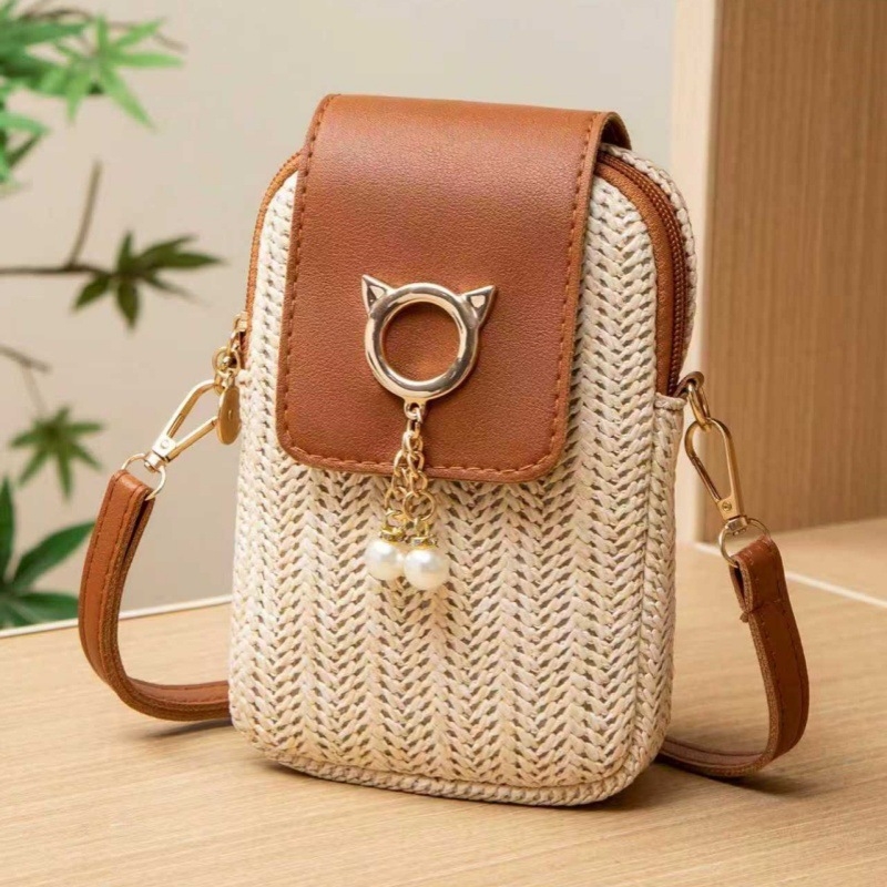 2025 nova slamena torbica za telefon s perlama i kaišem, mala crossbody torba