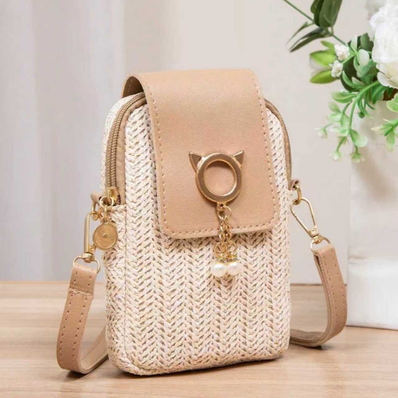 2025 nova slamena torbica za telefon s perlama i kaišem, mala crossbody torba