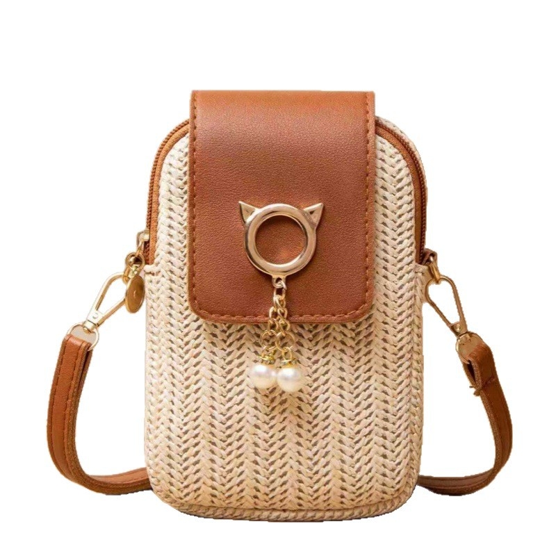 2025 nova slamena torbica za telefon s perlama i kaišem, mala crossbody torba