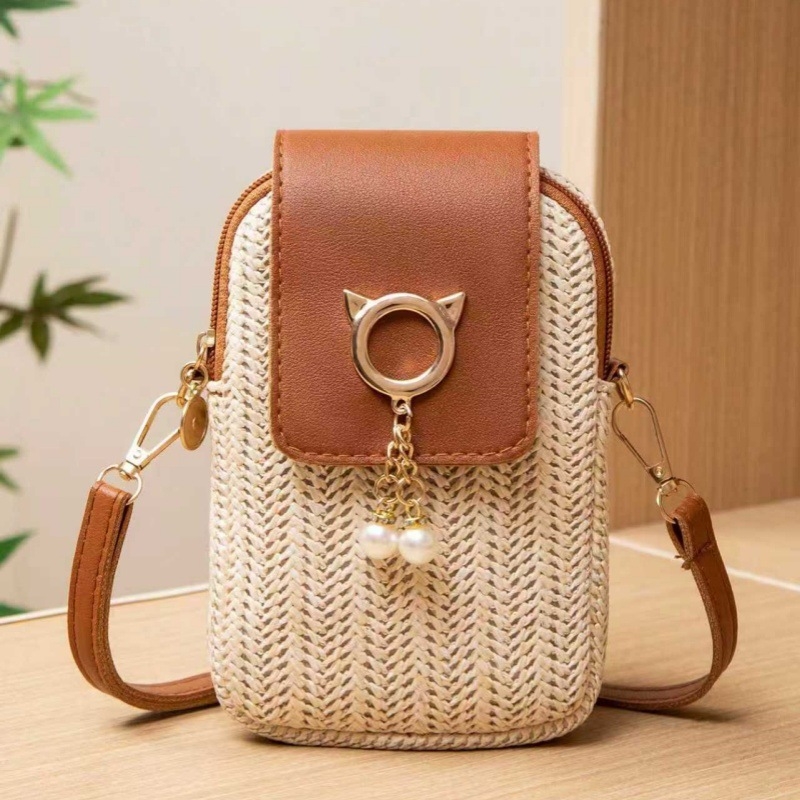 2025 nova slamena torbica za telefon s perlama i kaišem, mala crossbody torba