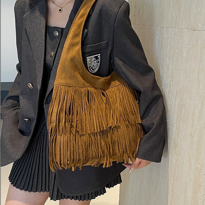 Crossbody torba preko ramena, 2025 novi stil, velika kapaciteta, vintage, velur od kože jelena s resicama