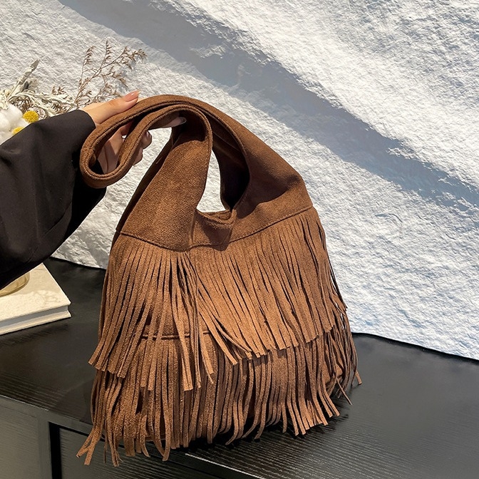 Crossbody torba preko ramena, 2025 novi stil, velika kapaciteta, vintage, velur od kože jelena s resicama