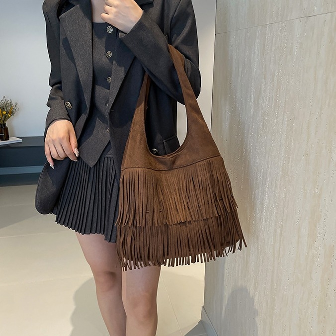 Crossbody torba preko ramena, 2025 novi stil, velika kapaciteta, vintage, velur od kože jelena s resicama