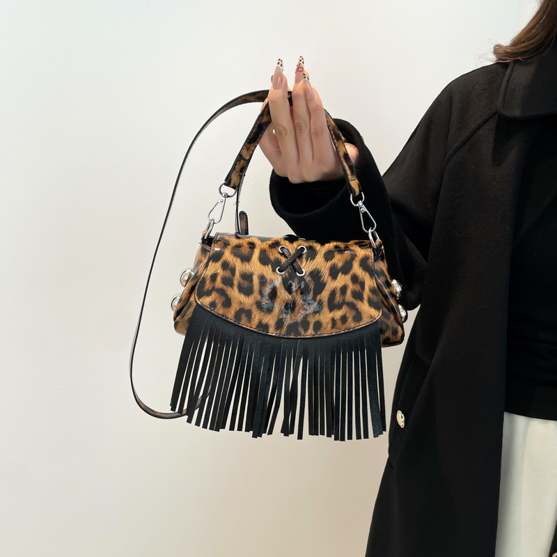 Ženska torba s leopard printom i resicama, PU, mala crossbody torba, gradski stil