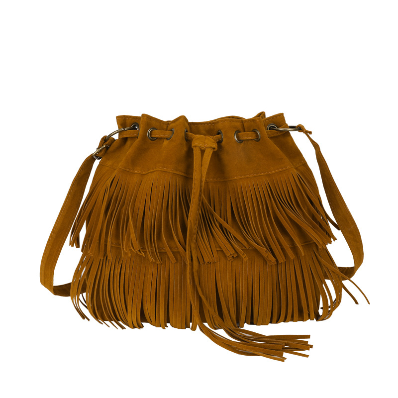 Ženska PU torbica s resicama, bucket torba sa šniranjem zatvaranja, mala veličina, preko ramena ili kao crossbody, europsko-američki retro stil