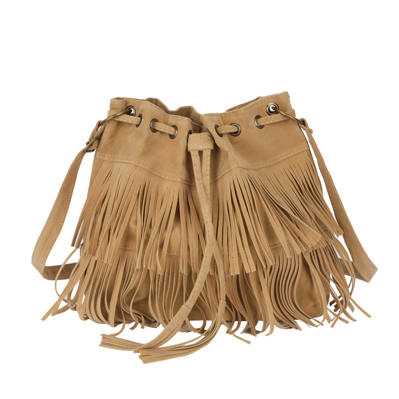 Ženska PU torbica s resicama, bucket torba sa šniranjem zatvaranja, mala veličina, preko ramena ili kao crossbody, europsko-američki retro stil