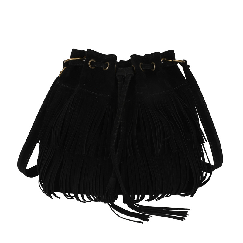 Ženska PU torbica s resicama, bucket torba sa šniranjem zatvaranja, mala veličina, preko ramena ili kao crossbody, europsko-američki retro stil