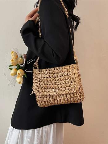Ženska četvrtasta torbica od slame, retro stil za plažu i odmor, pleteni rameni crossbody, 26 cm, novi model