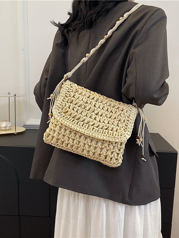 Ženska četvrtasta torbica od slame, retro stil za plažu i odmor, pleteni rameni crossbody, 26 cm, novi model
