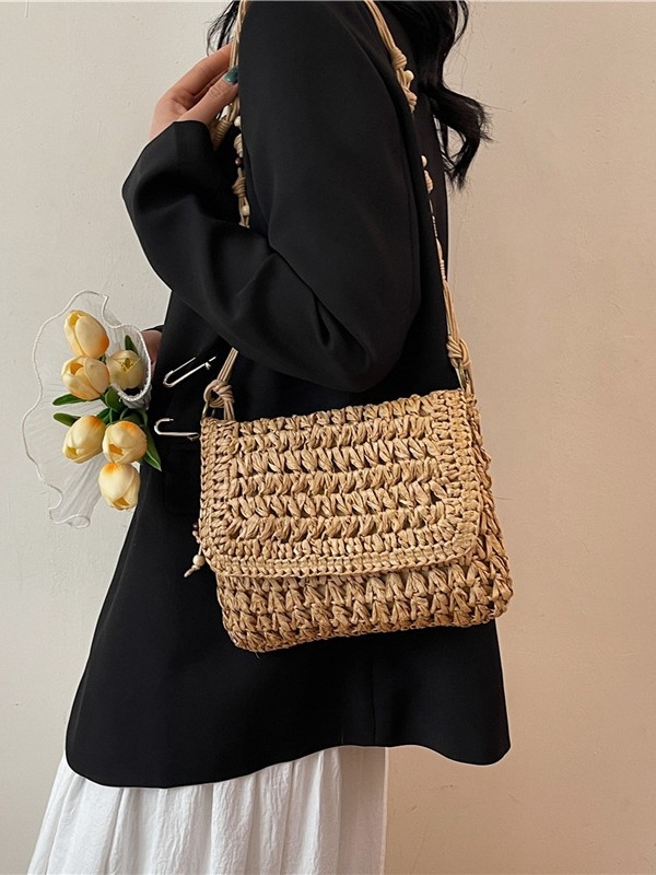 Ženska četvrtasta torbica od slame, retro stil za plažu i odmor, pleteni rameni crossbody, 26 cm, novi model