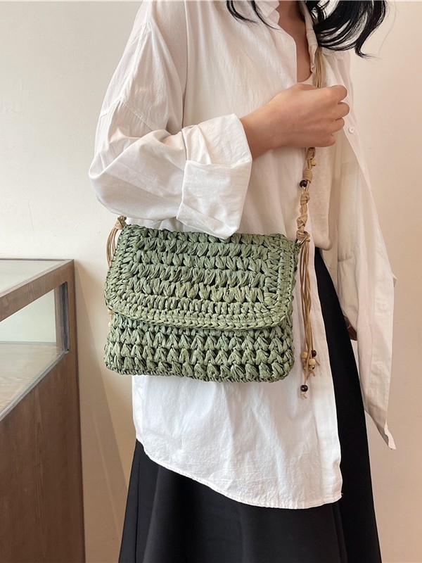 Ženska četvrtasta torbica od slame, retro stil za plažu i odmor, pleteni rameni crossbody, 26 cm, novi model