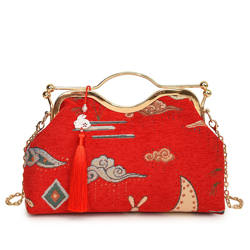 Ženska torbica u kineskom stilu s vezom, crossbody torbica preko ramena s resicama, oblik školjke