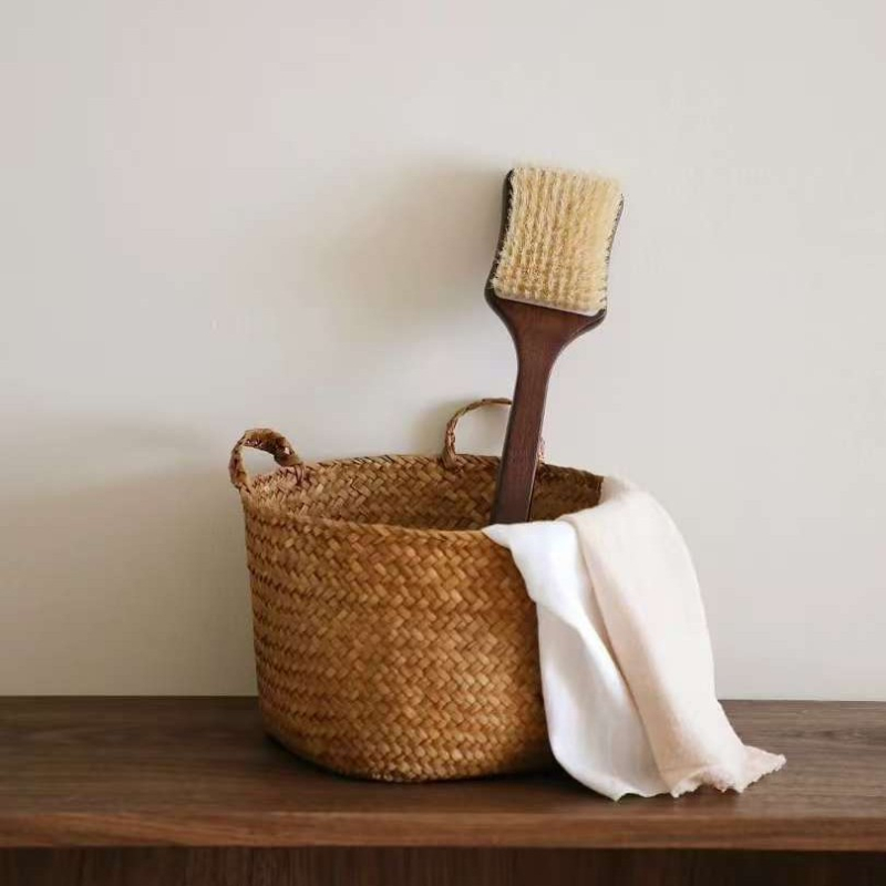 Perie de baie cu peri de porc sălbatic, mâner din lemn de abanos, peri moi, mâner lung pentru curățarea spatelui, prosop de exfoliere manual