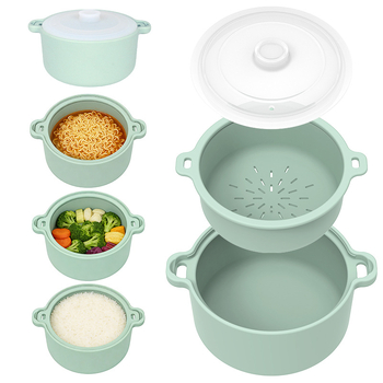 Oală de abur din silicon de calitate alimentară, stil coreean, cu capac, compatibilă cu microunde și friteuză cu aer, pentru reducerea grăsimilor, gătit la abur orez și legume