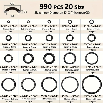 Set de 990 O-ring din cauciuc nitril pentru curățătoare sub presiune înaltă și etanșări pentru gaze