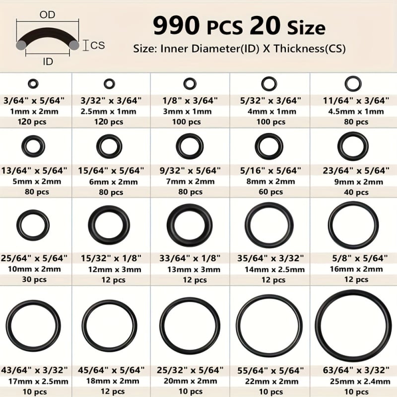 Set de 990 O-ring din cauciuc nitril pentru curățătoare sub presiune înaltă și etanșări pentru gaze