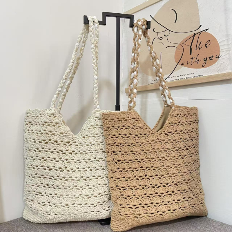 Nova velika kapaciteta crochet tote torba, ručno pletena za rameni, elegantna ženska dnevna torba s čipkom
