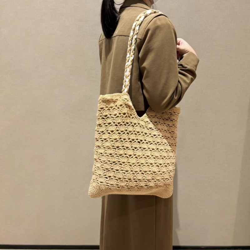 Nova velika kapaciteta crochet tote torba, ručno pletena za rameni, elegantna ženska dnevna torba s čipkom